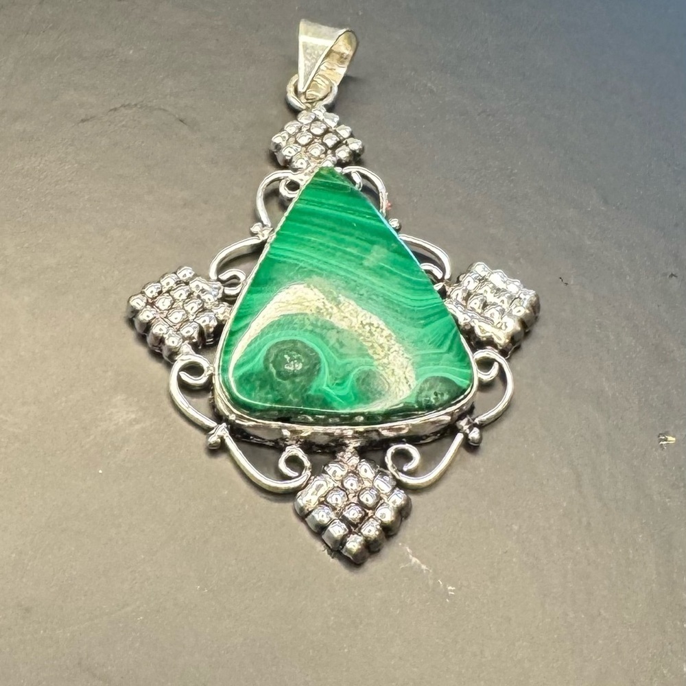 Malachite 925 Silver Plated Handmade Pendant 1.8"